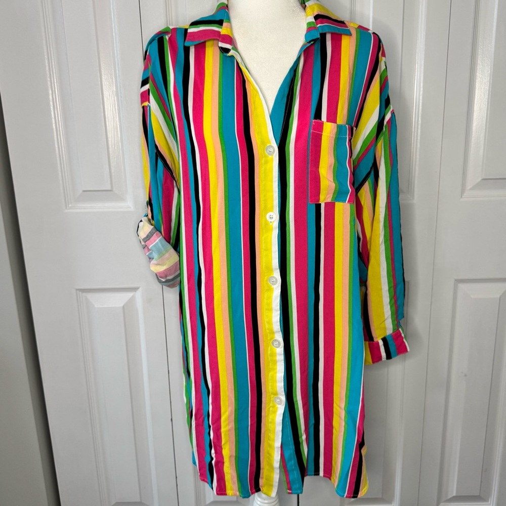 Anne Cole Swim Painted Stripe Boyfriend Tunic Painted Sky Multi Stripe Large